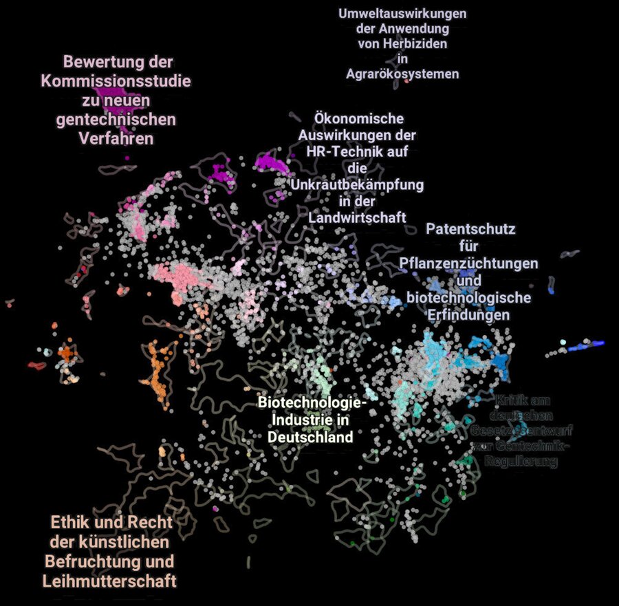 Dark topic map of the genetic engineering discourse with colored document clusters and German topic labels.